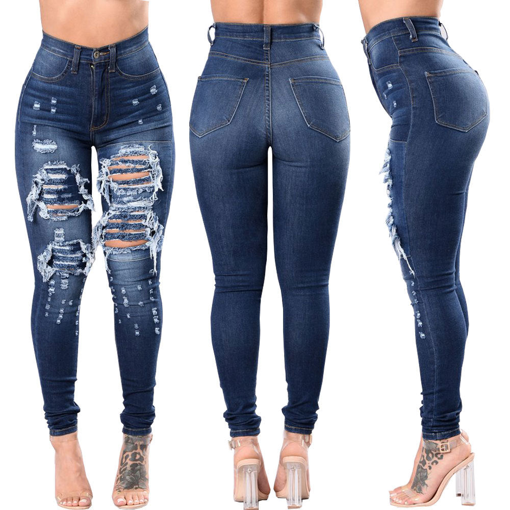 Fashion Women Distressed Stretch Denim Pants Ripped High Rise Skinny
