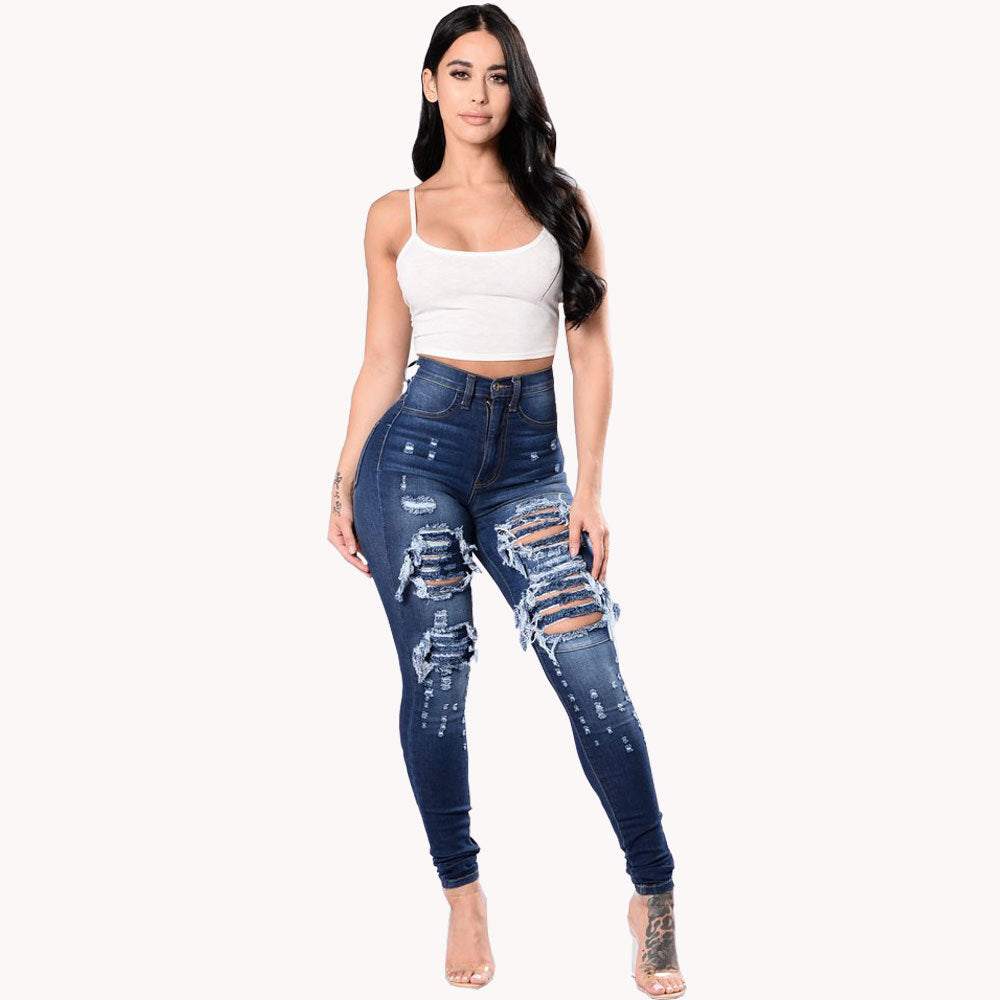 Fashion Women Distressed Stretch Denim Pants Ripped High Rise Skinny