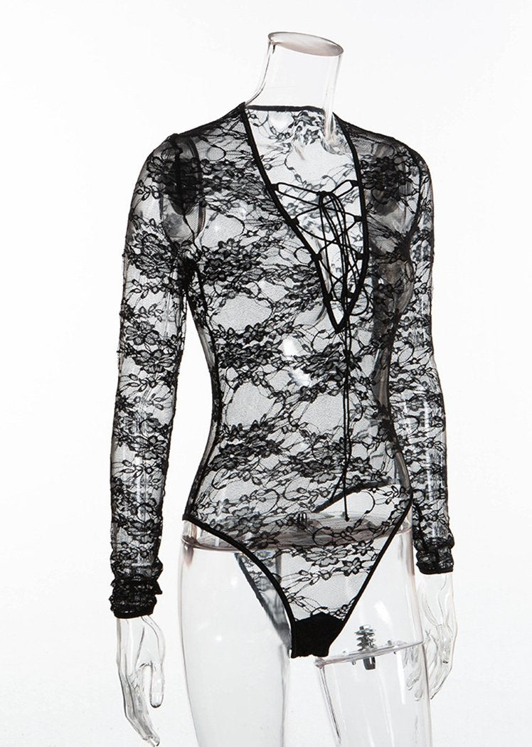Long Sleeve Lace Up Front Teddy Bodysuit Plus Size Lingerie – Museslove