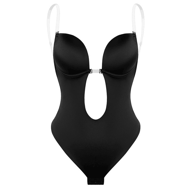 Deago Women's Backless Shapewear Deep V Bodysuit U Plunge Seamless Thong  Low Back Body Shaper Bra (Black, L) 